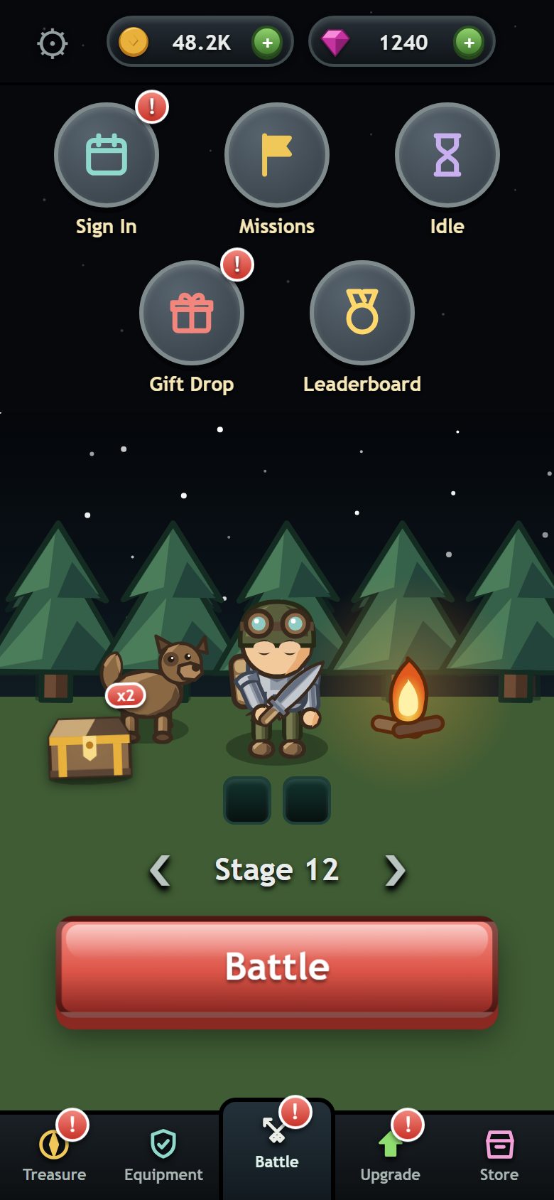 Base camp at night with campfire